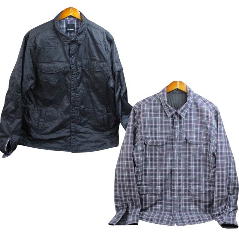 Prana Jacket Mens Black Reversible Flannel Plaid Outdoor Hiking Coat Jacket